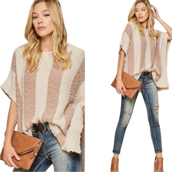 Andrée By Unit Striped Cozy Crew Poncho Sweater Cream Blush/Tan Small / Medium - Picture 1 of 9